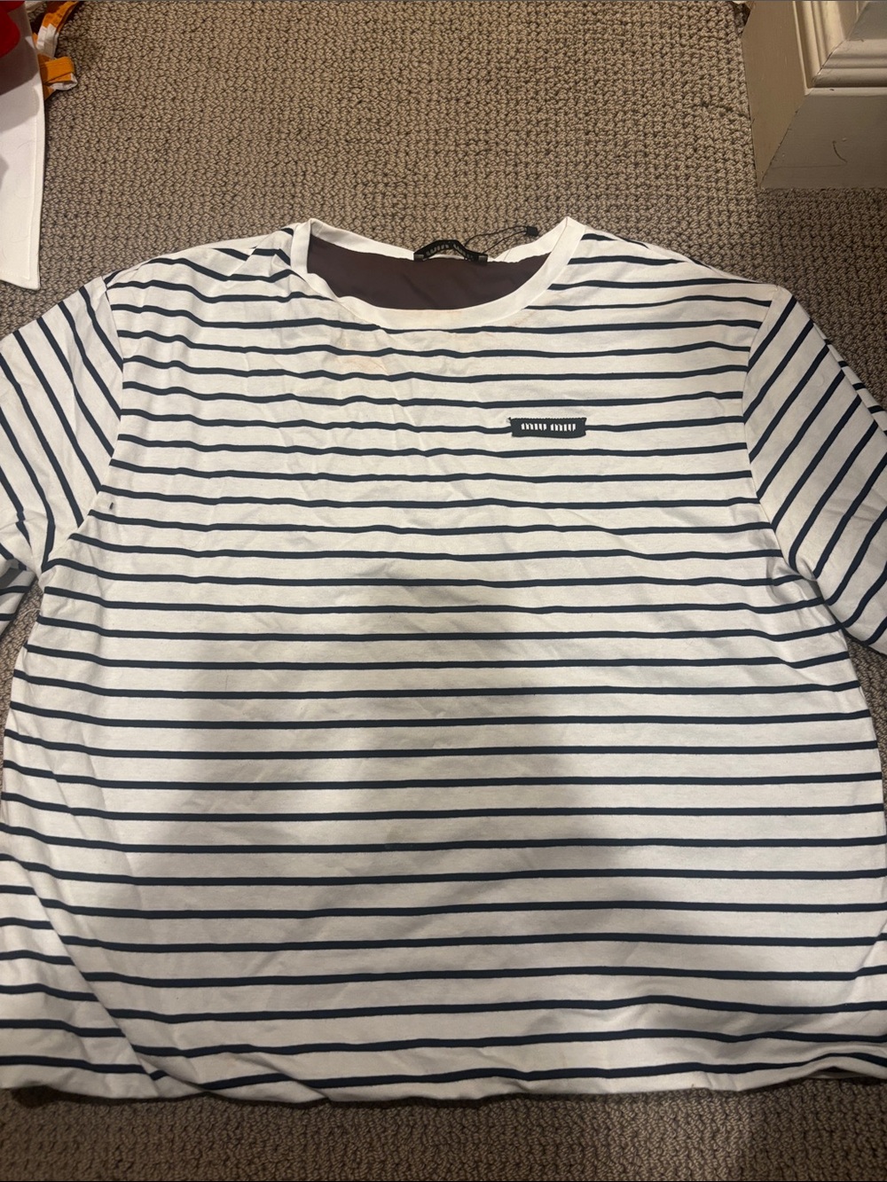 Miu Miu White and Navy Striped Short Sleeve Tee